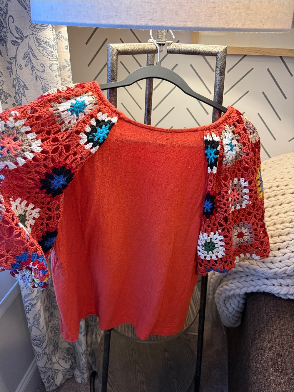 Umgee Rust Woven Tunic with Multicolor Crochet Sleeves - Picture 5 of 12